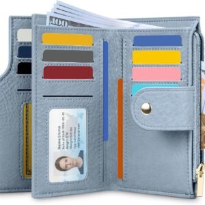 Airkit Small Women's Bifold Wallet, RFID Blocking Credit Card Holder with Zipper, Travel Cute Coin Pocket Wallet for Ladies, Blue