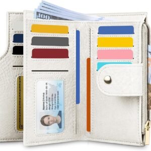 Airkit Small Women's Bifold Wallet, RFID Blocking Credit Card Holder with Zipper, Travel Cute Coin Pocket Wallet for Ladies, Cream White