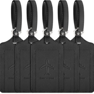 Luggage Tags for Suitcases, 5 Pack TSA Approved Cute Bag Tags for Luggage, Travel Essentials, Privacy Flap with Hook and Loop Closure, Black